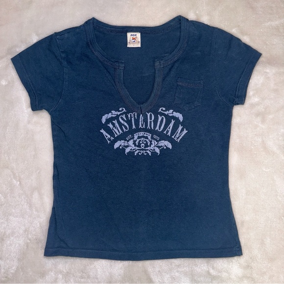 Womens Vintage Fox Navy Amsterdam Graphic Fitted Baby TShirt Size Large - Picture 1 of 7
